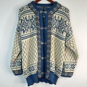 Vintage 90s Dale of Norway Nordic Blue Fair Isle Knit Cardigan Sweater Small